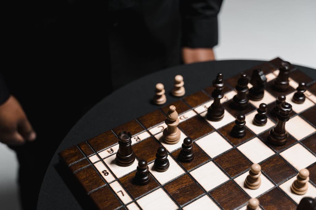 Wooden chessboard mid-game